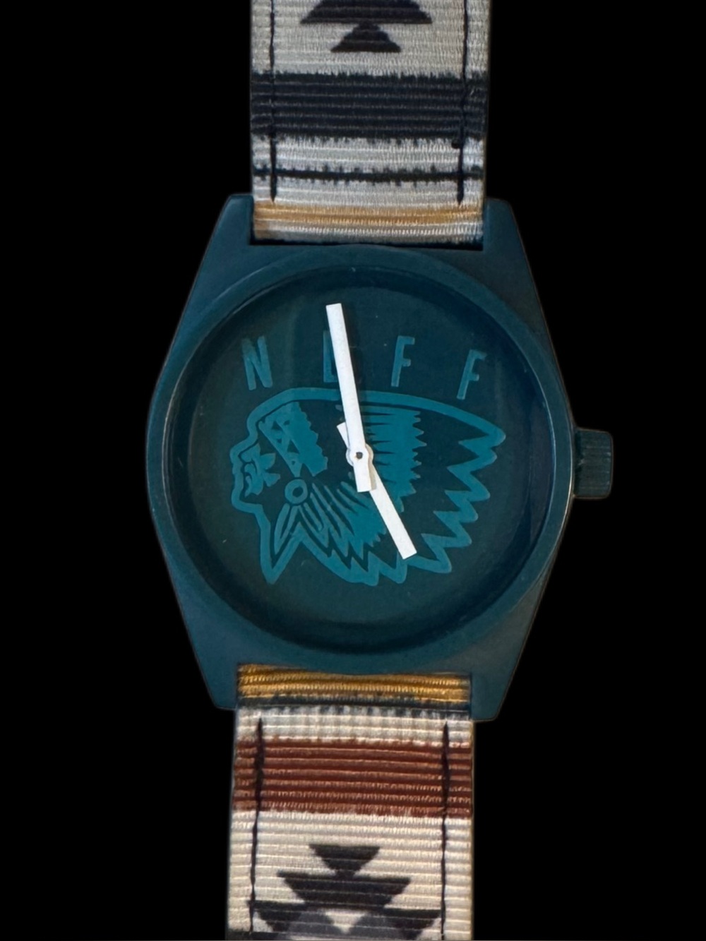 Neff Daily Mens Watch Aztec Print Woven Band, Teal Face W/ Chief Profile